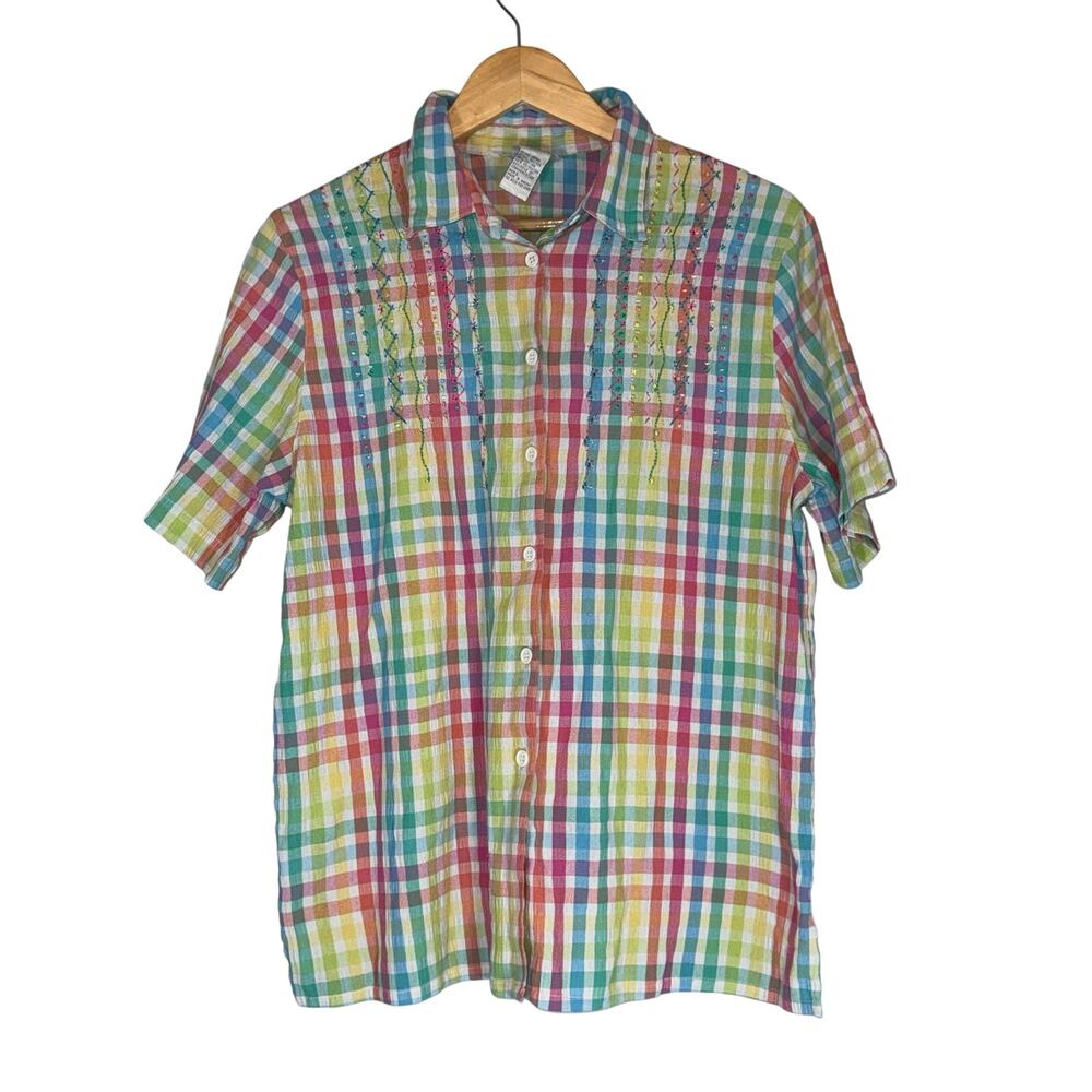 Vintage Colorful Gingham Plaid Embroidered Picnic Blouse Large Bright Multicolor
